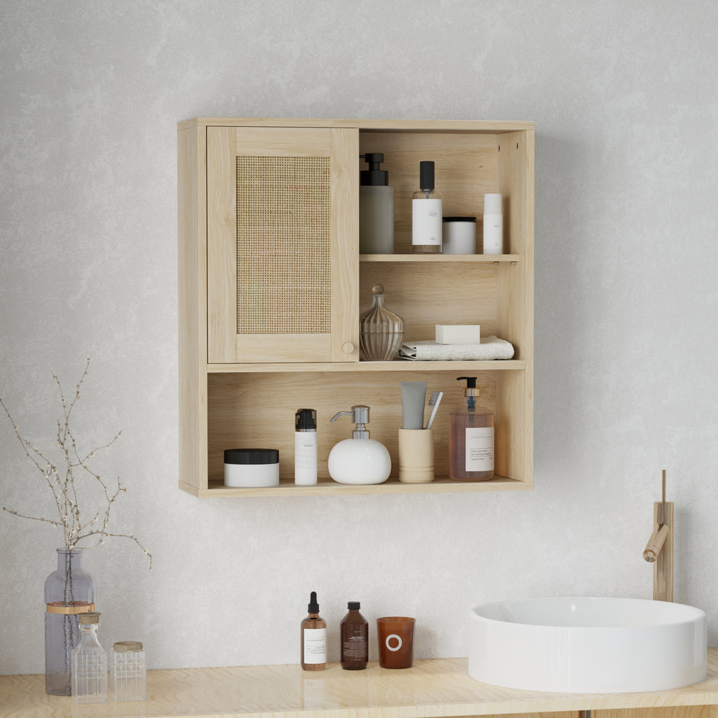 HOMCOM Wandhängeschrank, Badezimmerschrank mit Rattantür und offenen Regalen, Naturholz