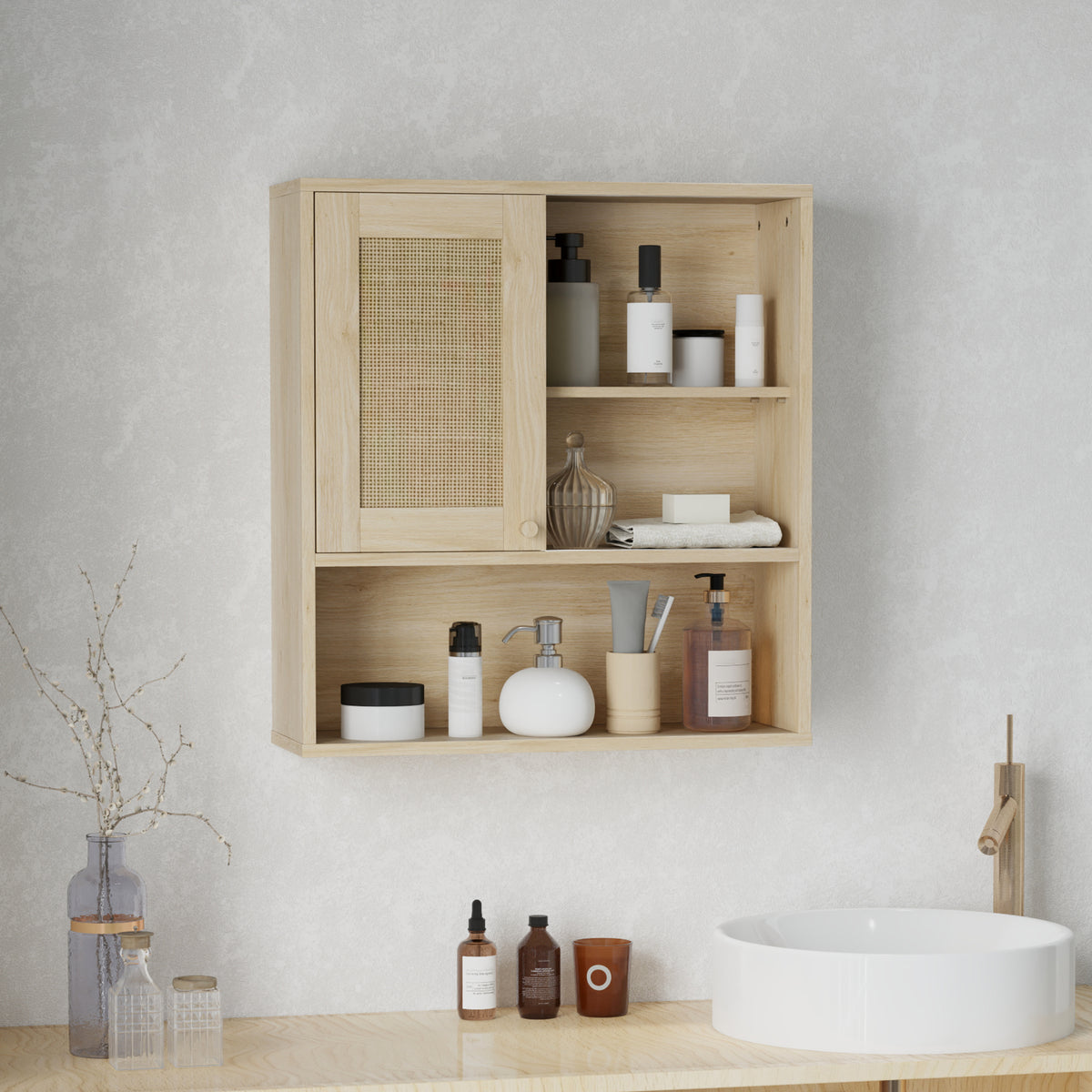 HOMCOM Wandhängeschrank, Badezimmerschrank mit Rattantür und offenen Regalen, Naturholz