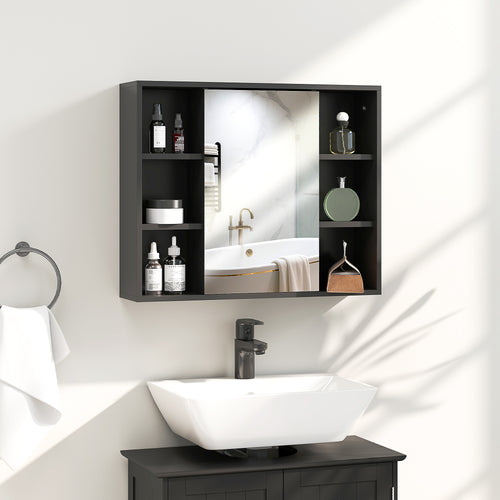 HOMCOM Badezimmerschrank mit Spiegel, Schrank mit Türen und 6 offenen Fächern, 60 x 14,5 x 49,4 cm, Schwarz