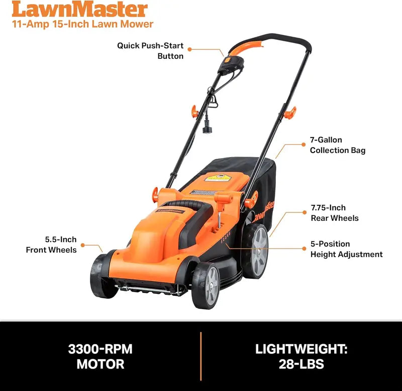 LawnMaster MEB1114K 15-Inch Corded Electric Lawn Mower – 11-Amp Motor for Small to Medium Yards