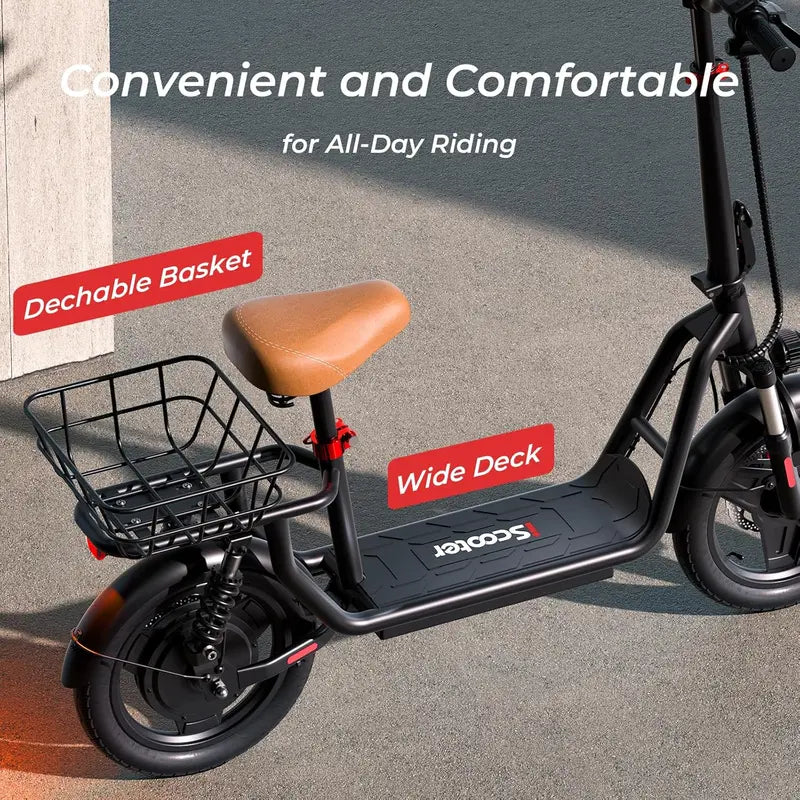 iScooter Foldable Electric Scooter with Seat – 37-Mile Range, Triple-Speed Modes (28/19/15.6 mph), Dual Suspension & Front Basket