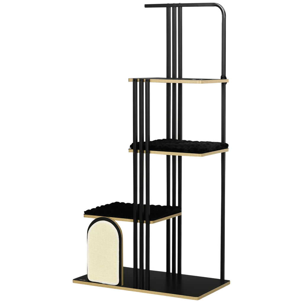 PawHut Kratzbaum, Industrial Design, 3 Plattformen, 2 Liegekissen, Kratzwand, Stahlrahmen, schwarz, 85 x 48 x 170 cm