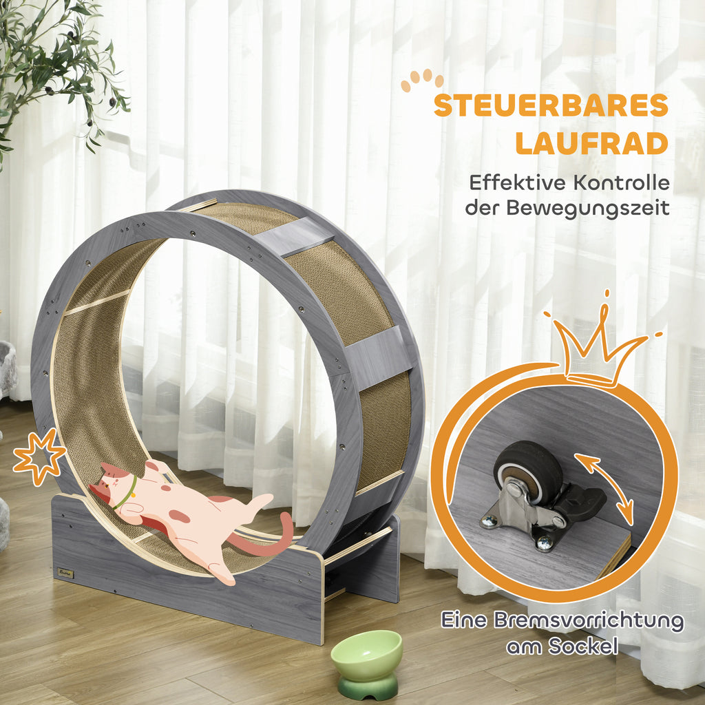 PawHut Katzenlaufrad, Laufrad für Katzen, 91 cm, mit Bremse, Kratzmatte, Katzenrad für gesunde Bewegung, Walnuss