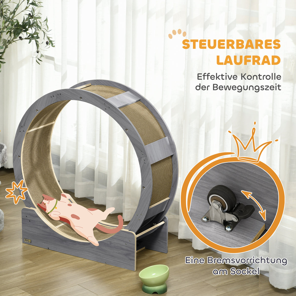 PawHut Katzenlaufrad, Laufrad für Katzen, 91 cm, mit Bremse, Kratzmatte, Katzenrad für gesunde Bewegung, Walnuss