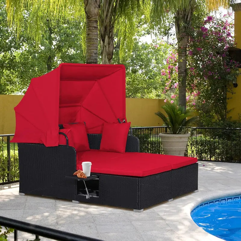 RELAX4LIFE Outdoor Wicker Daybed — Patio Sunbed with Removable Canopy & Four Cushion Pillows