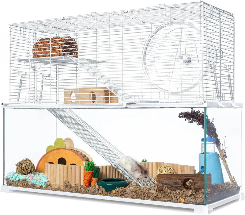 Large 3-Tier Hamster Habitat – Glass Base with Wire Topper, Ramps, Ladders & Waterproof Tray