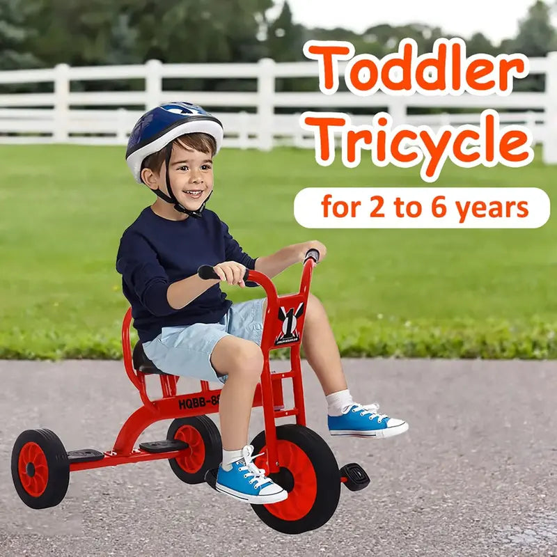 Yellow Kids Tandem Tricycle with Passenger Seat, Inflation-Free Rubber Wheels – Suitable for Ages 3+, Preschool & Daycare Playground Use
