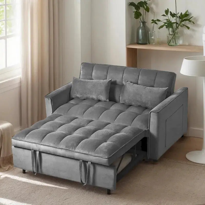 Velvet Futon Loveseat Sofa – Reclining Small-Scale Pullout Bed with Pillows & Pockets