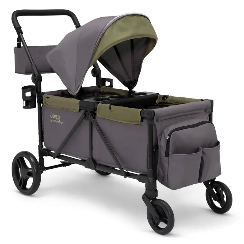 Jeep Sport All-Terrain Stroller Wagon – Delta Children Model with Canopy, Parent Organizer, Snack Tray, Cup Holders & Height-Adjustable Handlebar, Grey/Olive Green