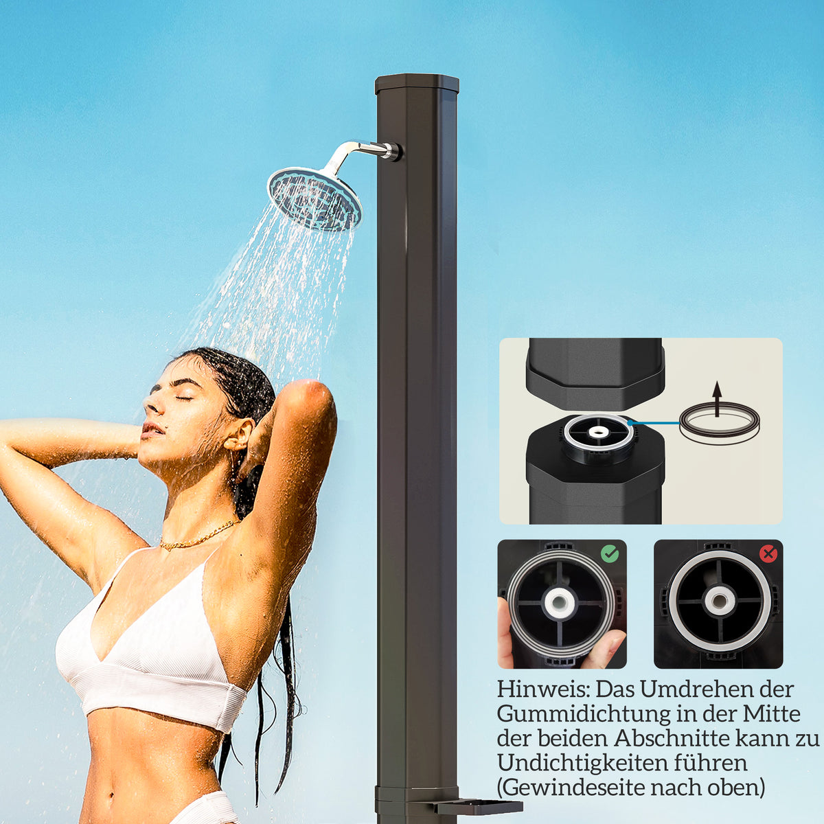 Outsunny Solardusche 35 Liter Solar Gartendusche mit Wasserhahn Duschkopf Handbrause seitliche Tablett, bis 55 °C Schwarz