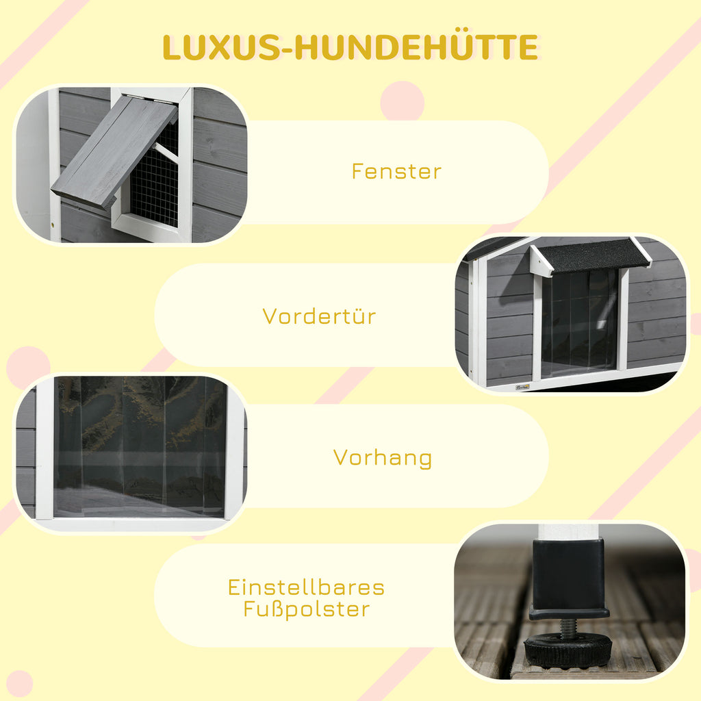 PawHut Hundehütte aus Massivholz, wetterbeständig, Asphaltdach, abnehmbarer Boden, 109 cm x 79 cm x 72 cm, Grau + Weiß