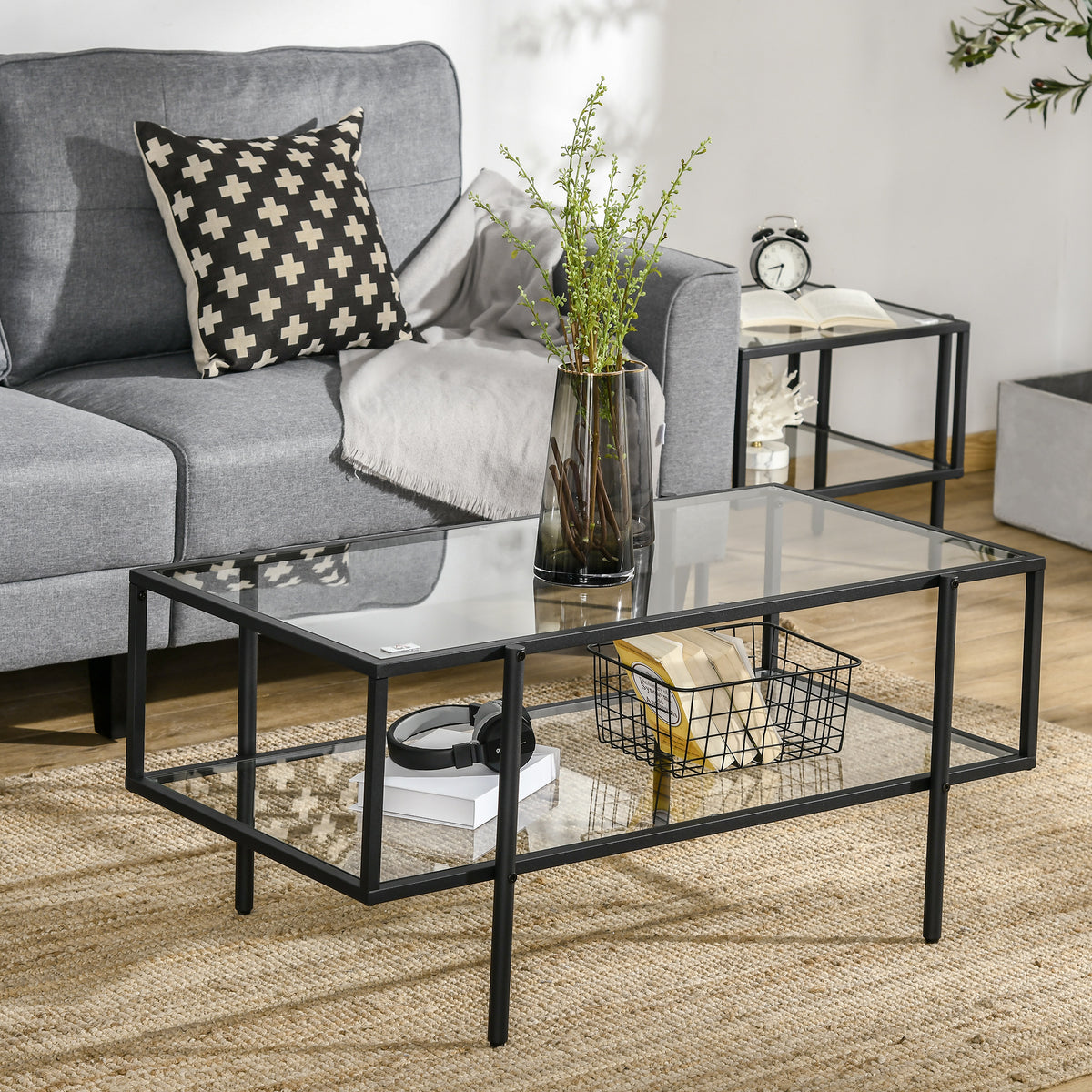 HOMCOM Couchtisch mit Ablage, verstellbare Füße, Stahlrahmen, Glasplatte, 100 x 55 x 45,5 cm, Weiß