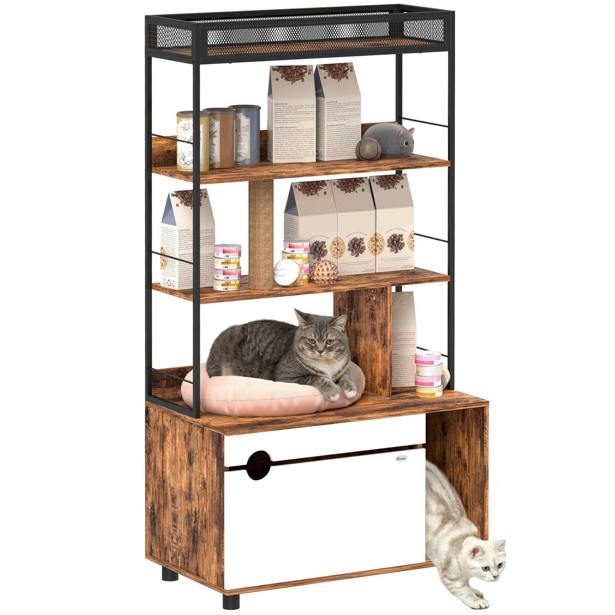 PawHut Katzentoilette mit 3-Ebenen-Regal und Kratzpfosten, geschlossenes Katzenklo, 80 x 48 x 152 cm, Braun