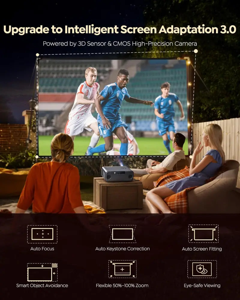 Smart Outdoor 4K Projector with Pre-Installed Apps, Wi-Fi, and Bluetooth Connectivity