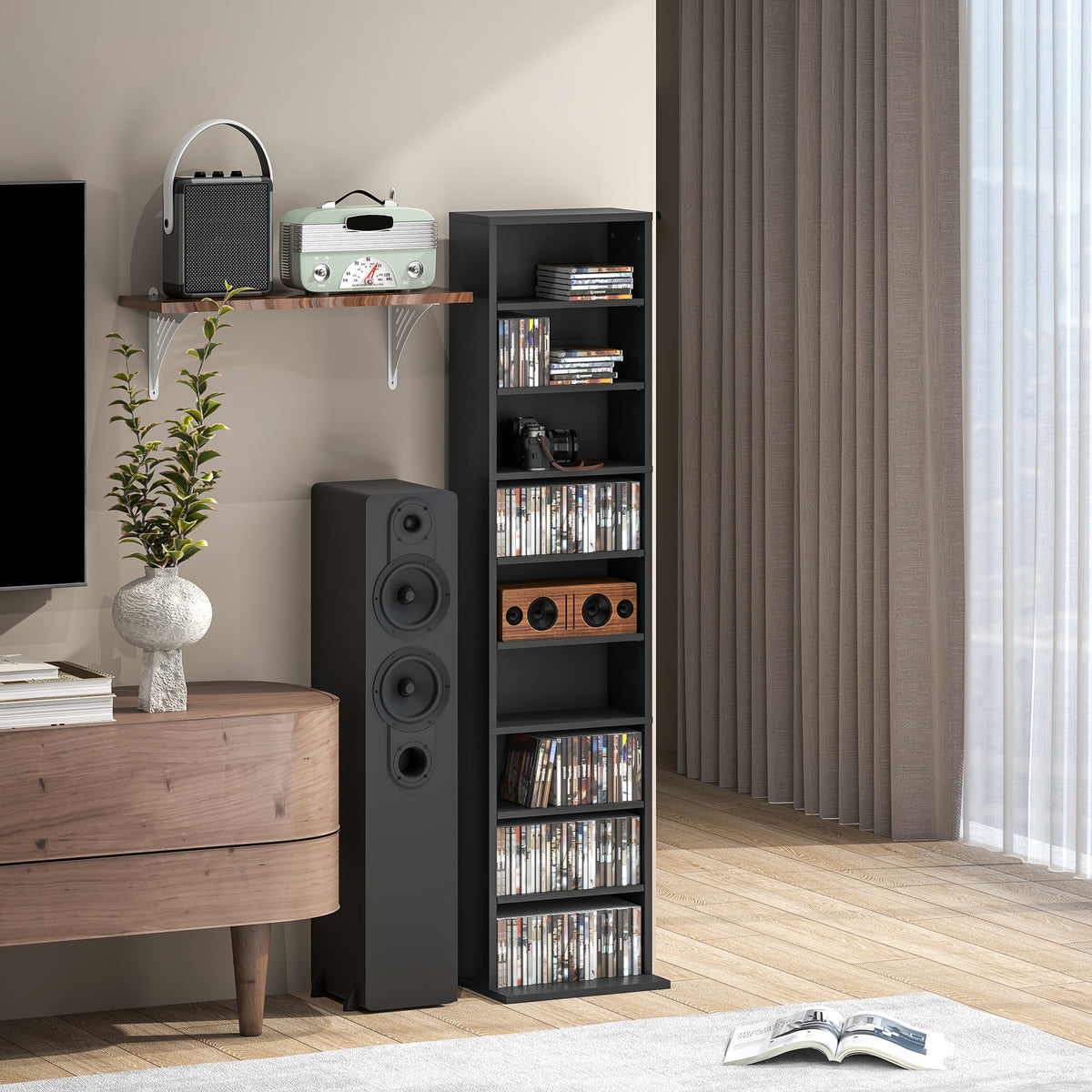 HOMCOM CD-Regal mit 6 verstellbaren Regalen, Kapazität von 260 CD/120 DVDs, 33x24x140 cm, Schwarz