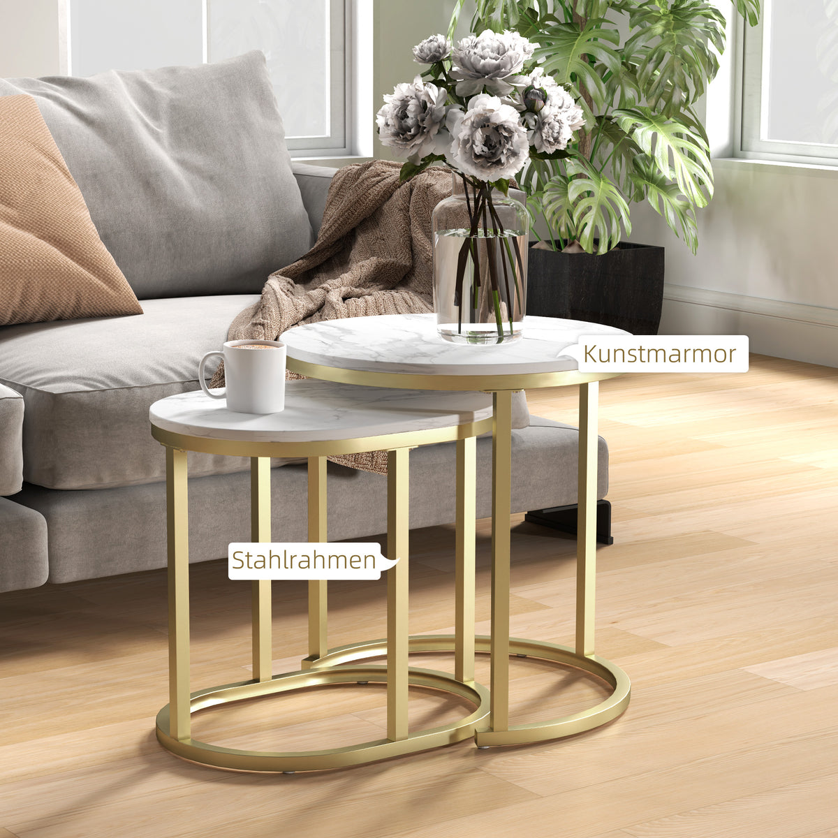 HOMCOM 2er-Set Couchtisch, Ovaler und runder Kaffeetisch, stapelbar, Marmoroptik, Stahl, Ø50 x 50,5 cm, Weiß