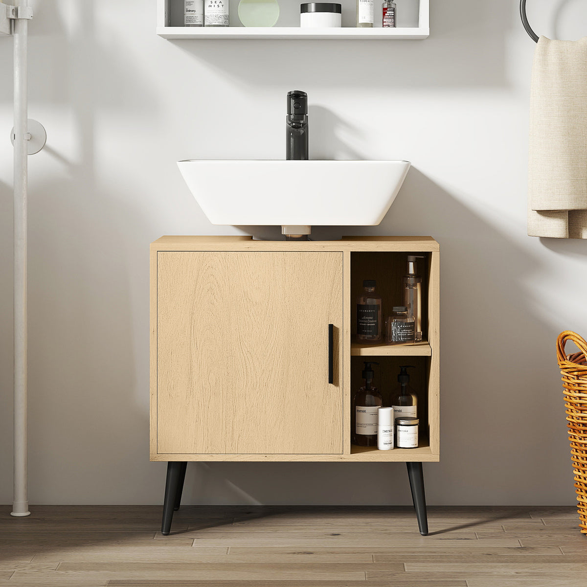 HOMCOM Badezimmer Unterschrank mit Soft-Close-Tür und verstellbarem Regal, 60 x 30 x 59,5 cm, Eiche