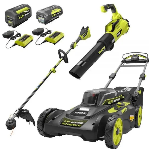 RYOBI 40V Brushless 20-Inch Self-Propelled Mower Kit with Trimmer, Blower, and Dual Batteries/Chargers