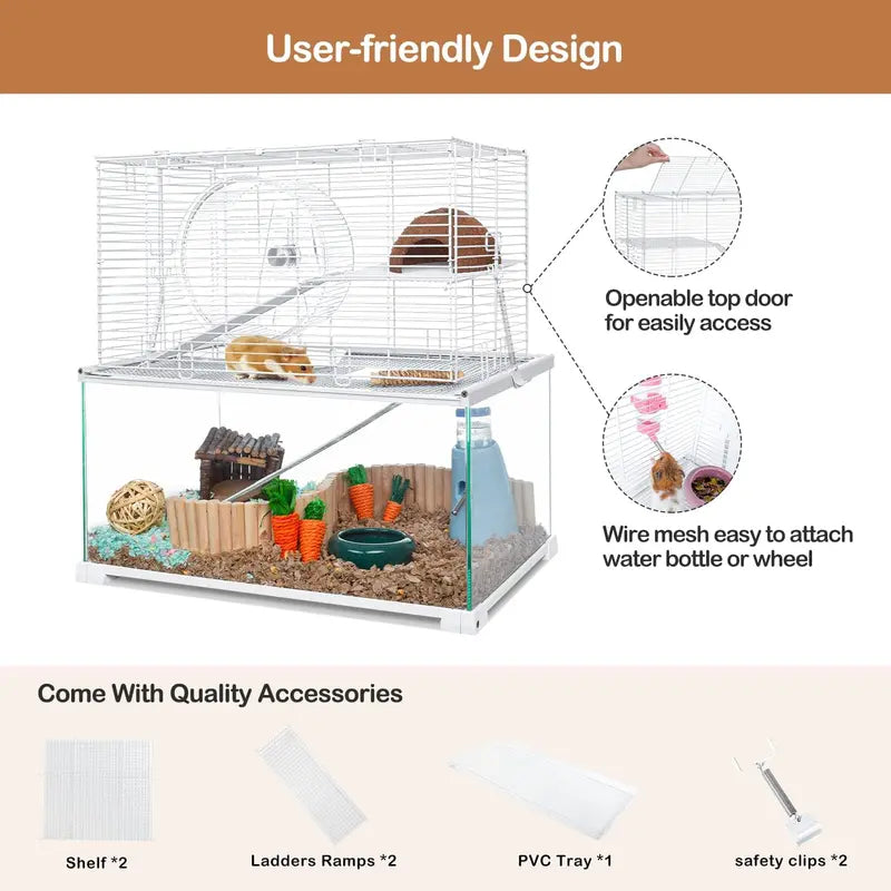 Large 3-Tier Hamster Habitat – Glass Base with Wire Topper, Ramps, Ladders & Waterproof Tray