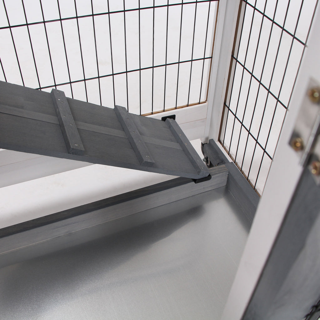 PawHut Hasenstall auf Rädern Kaninchenkäfig Innen Außen 2 Etagen 2 verriegelbare Türen 2 herausziehbare Schubladen Rampe Fichtenholz Grau Weiß