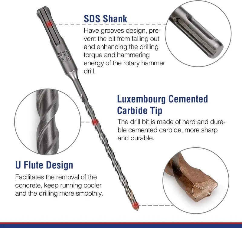 WORKPRO SDS-Plus Carbide Drill Bit Set (8 pcs) for Concrete, Brick & Stone – Includes Protective Case