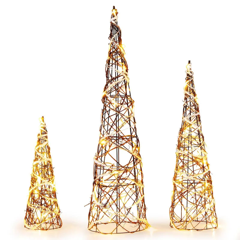Set of Three Tapered Indoor Christmas Cone Trees — 32″, 24″, and 16″ with Warm White LED Lights