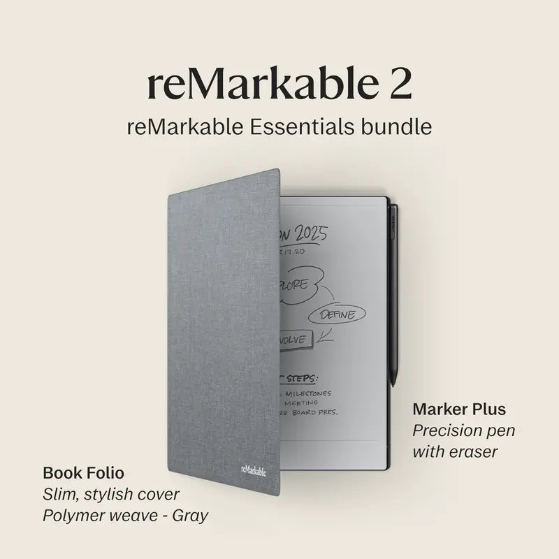 reMarkable 2 Paper Tablet – 10.3″ E-Ink Display with Marker Plus & Polymer Weave Folio (Gray)