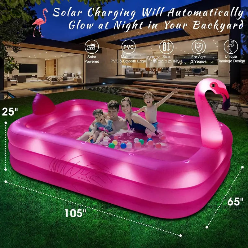 Solar-Powered Flamingo Inflatable Pool with LED Lights – Durable 105″ x 65″ x 25″ Outdoor Kiddie & Adult Pool
