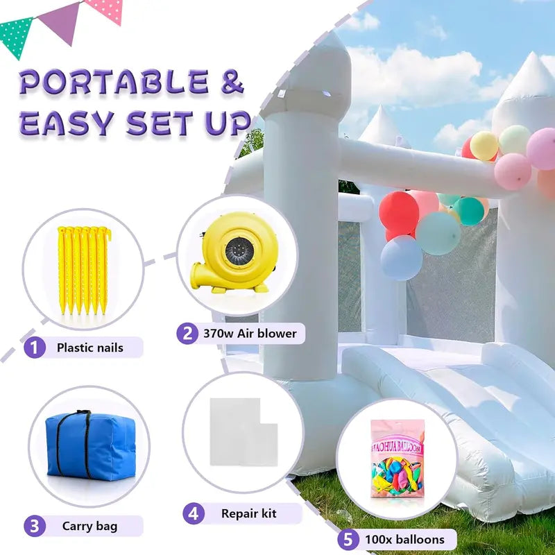 White Indoor/Outdoor Toddler Bounce House – Oxford Fabric Castle with Slide, Balloons & Blower – 103 x 71 x 90 Inches – Ideal for Birthdays & Holiday Parties