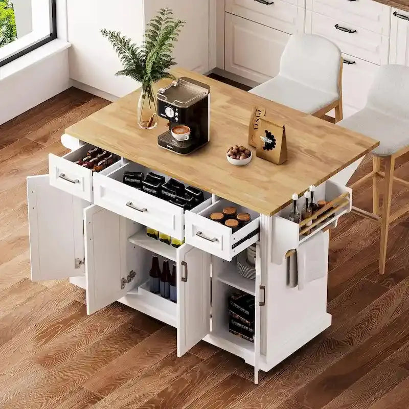 Rolling Kitchen Island Cart – 54″ Rubberwood Drop-Leaf Design with Doors & Drawers
