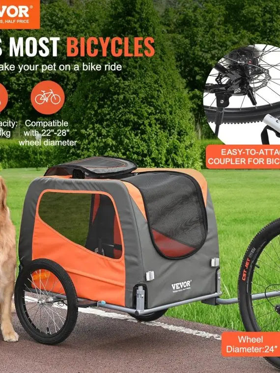 VEVOR Collapsible Dog Bike Trailer – 3 Weight-Capacity Options (66/88/100 lbs), Quick-Release Wheels & Safety Flag