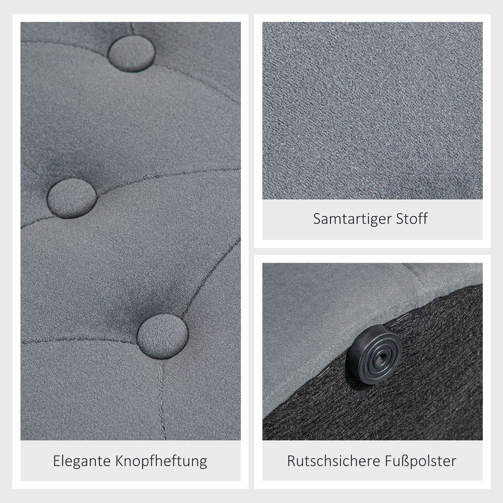 HOMCOM Hocker, rund, mit Staufach, Steppdesign mit Knöpfen, Bezug in Samtoptik, grau, 60 x 60 x 40cm