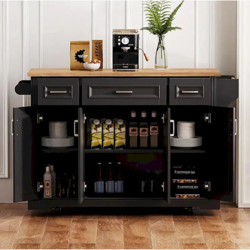 Rolling Kitchen Island Cart – 54″ Rubberwood Drop-Leaf Design with Doors & Drawers