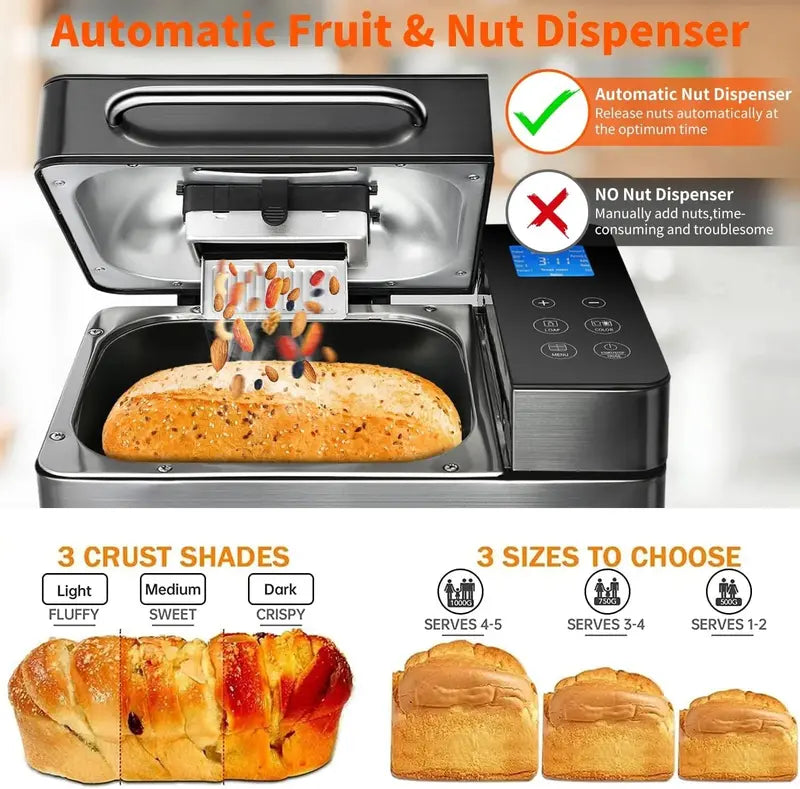 KBS 17-Function Stainless Steel Bread Maker with Dual Heating Elements