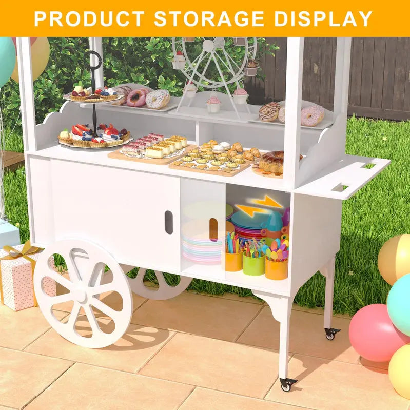 Wooden Dessert Cart with Wheels – Mobile Candy or Party Serving Station with Cabinet Storage