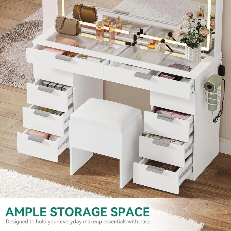 YITAHOME LED Vanity Set with 10-Drawer Storage and Matching Stool