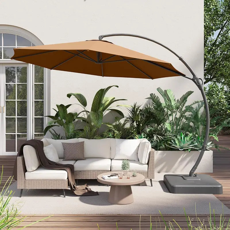 LAUSAINT HOME 11-Foot Cantilever Umbrella — Curvy Offset Design with 360° Rotation, Base Included, Beige Finish