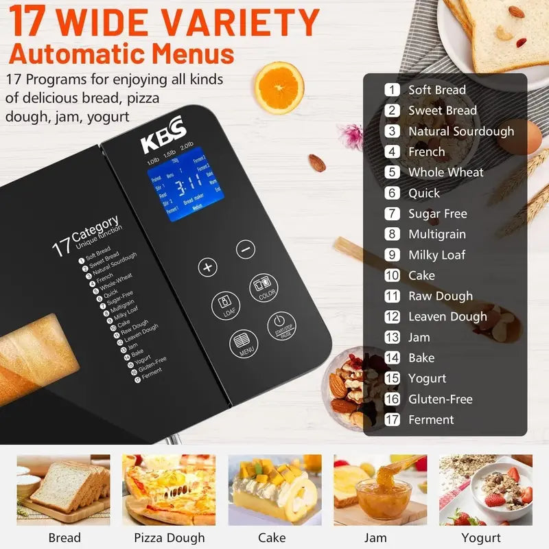 KBS 17-Function Stainless Steel Bread Maker with Dual Heating Elements