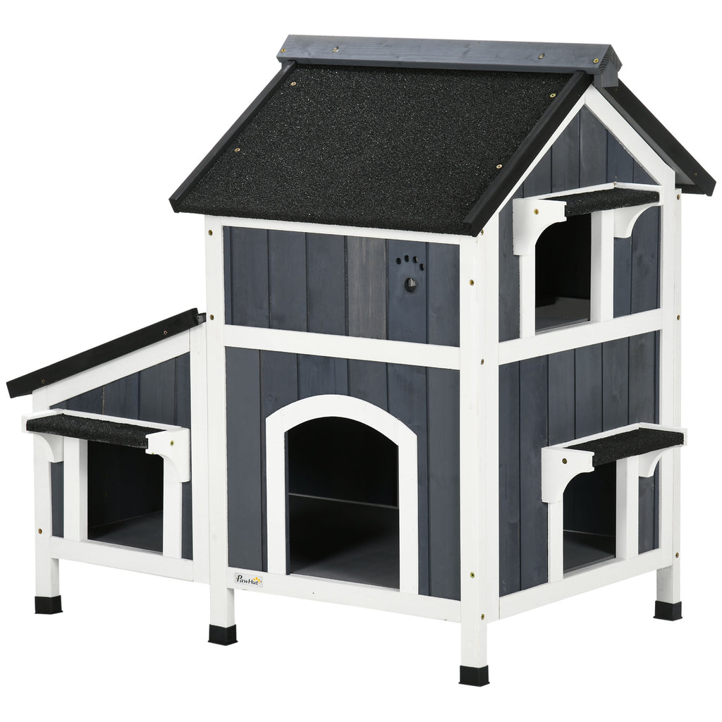 PawHut Outdoor-Katzenhaus, zweistöckig, Bodenabstand, Naturholz, Asphaltdach, grau, 96 x 65 x 85,5 cm
