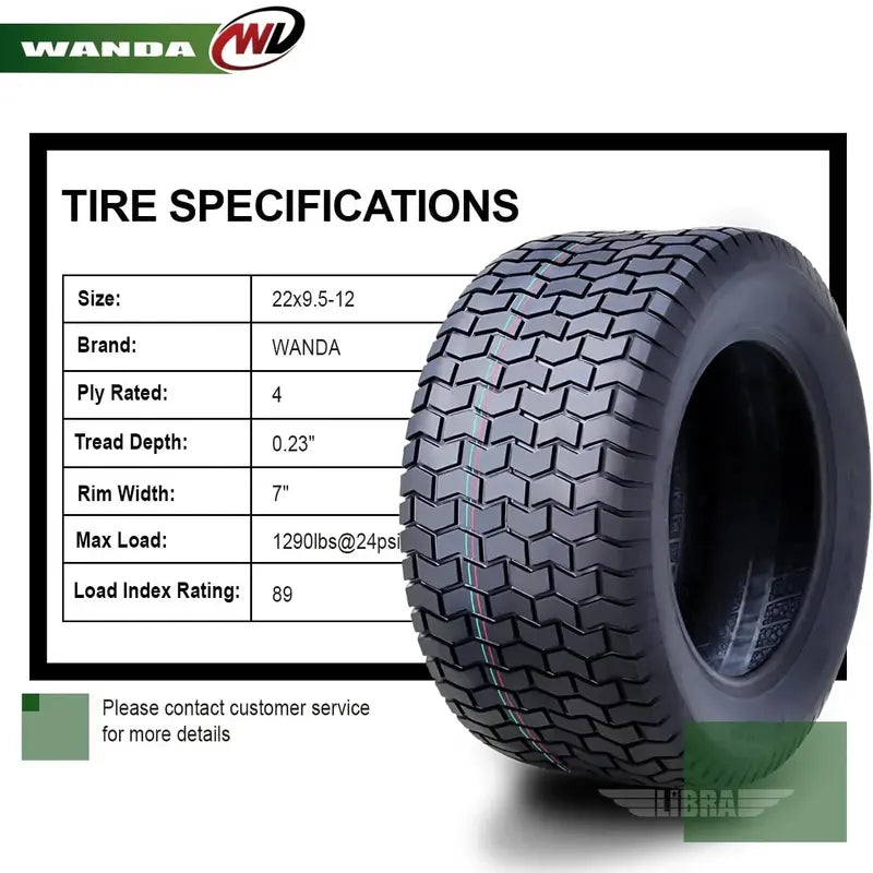 WANDA 22×9.5-12 Turf Tire – 4-Ply Lawn Tractor Replacement, 22×9.5×12, 13135 Load Index