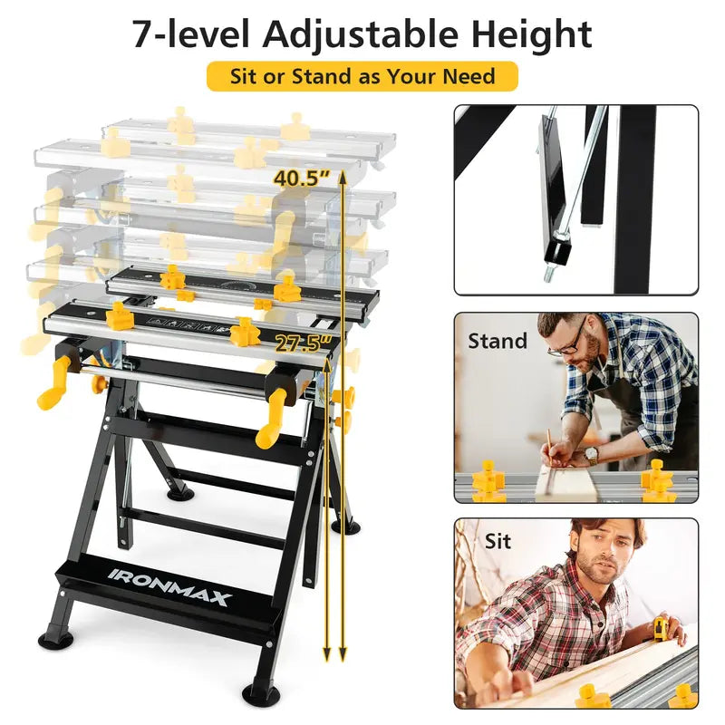 Versatile Folding Workbench with Tilting Surface – 7-Height Settings & Sliding Clamps