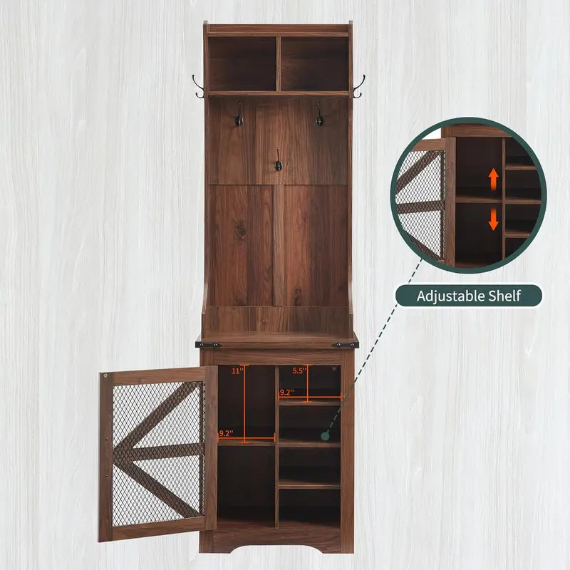 JXQTLINGMU Farmhouse Entryway Bench – 59-Inch Shoe Storage Foyer Tree with Coat Hooks & Cabinet