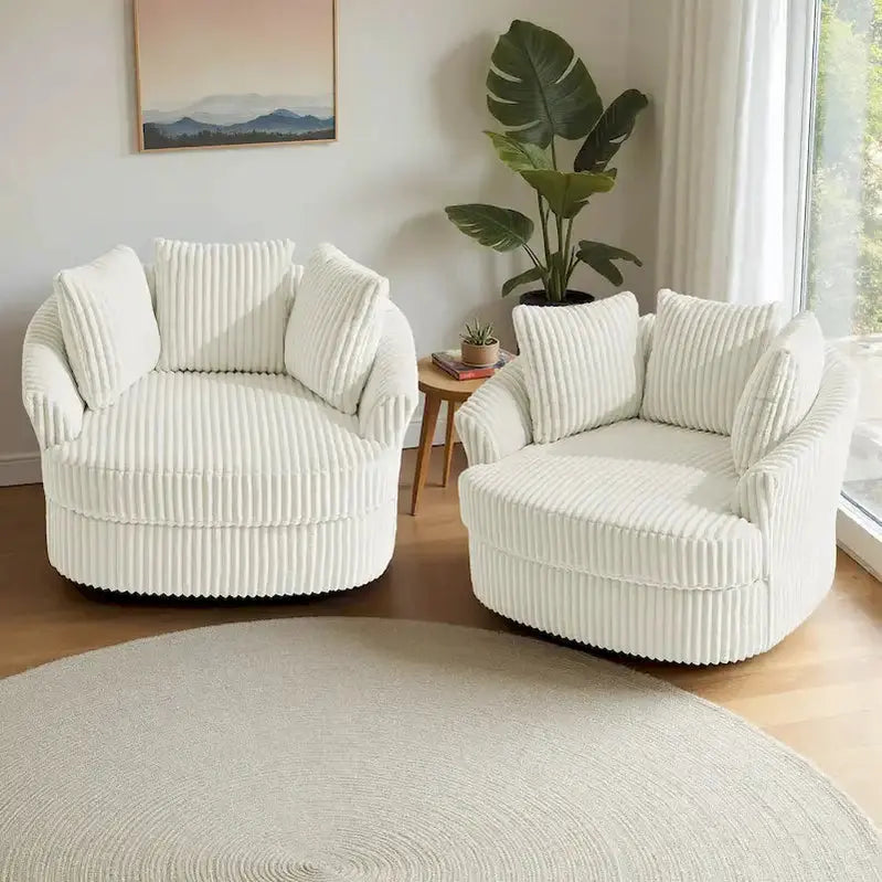 Set of Two Plush Corduroy Swivel Barrel Chairs – 43″ Wide with Decorative Pillows