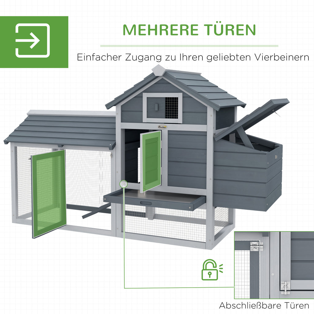 PawHut Zwerghühnerstall mit Freigehege Nistkasten herausnehmbare Bodenwanne 150,5 cm x 54 cm x 87 cm Naturholz Grau