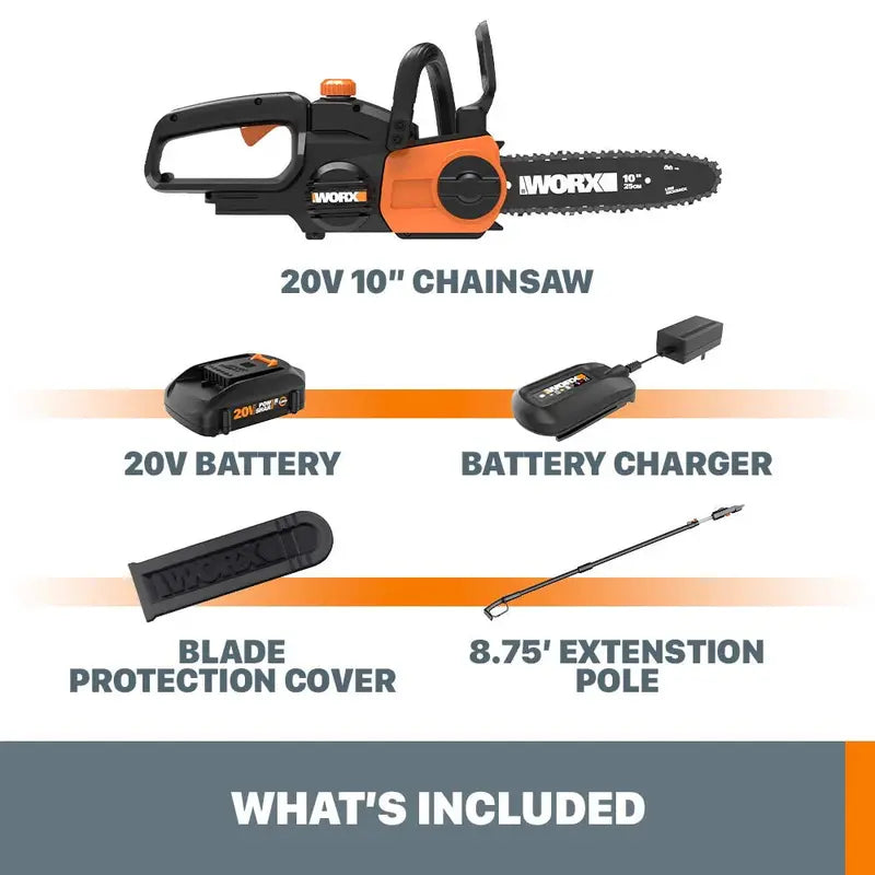 Worx WG322 20V Cordless 10-Inch Pole Saw and Chain Saw Combo – Power Share Compatible