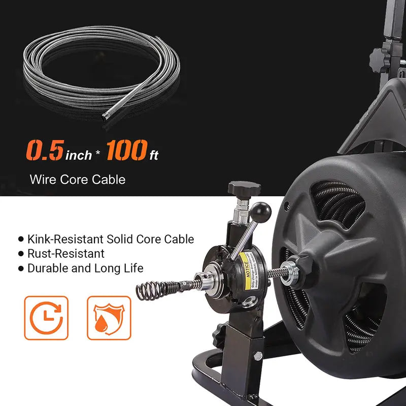 XtremepowerUS 100-Foot Electric Drain Snake with Attachments – Commercial-Grade Sewer Cleaner
