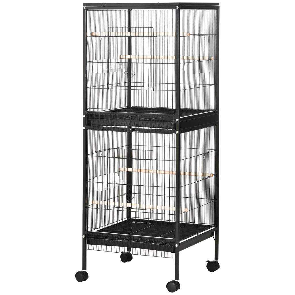 PawHut Vogelkäfig Voliere für Innenbereich mit Rädern und Herausnehmbaren Schubladen, 51,5x50x140 cm, Schwarz