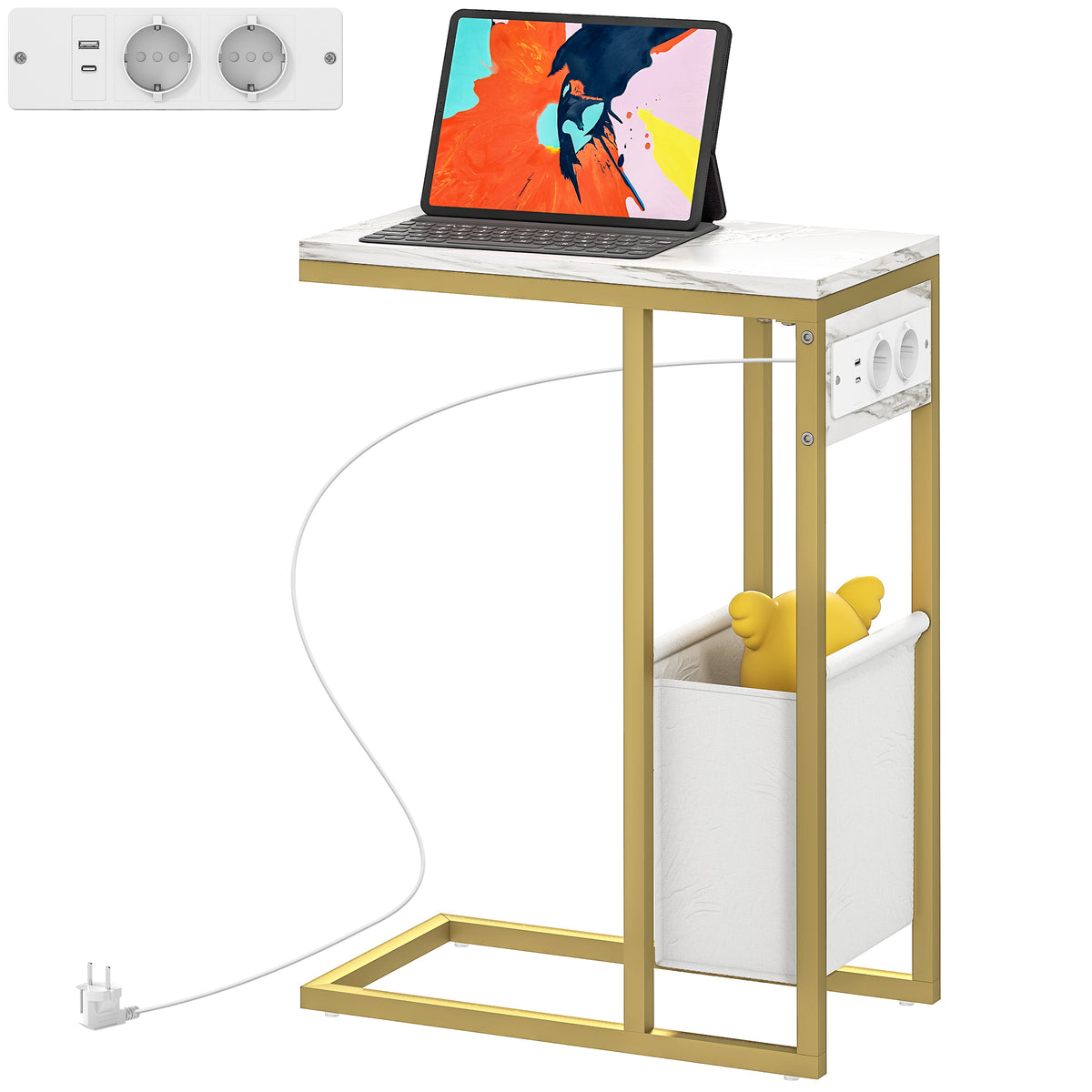 HOMCOM Beistelltisch C-Form mit Ladestation Stoffaufbewahrungssack Marmoroptik-Platte, 46 x 25 x 62,5 cm, weiß