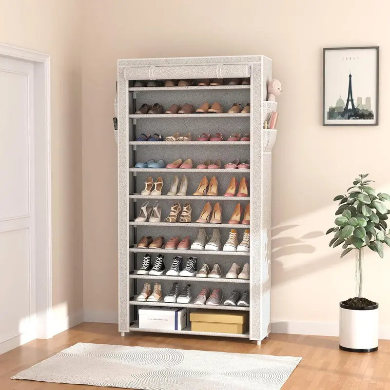 ROJASOP 10-Tier Covered Shoe Rack – Stackable Tall Storage Shelf with Dust Covers
