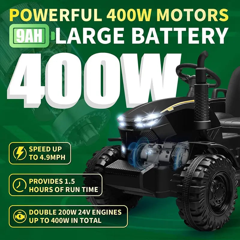 Joyracer 24V Kids Ride-On Tractor with Remote, 2x200W Motors, Detachable Trailer, 9AH Battery